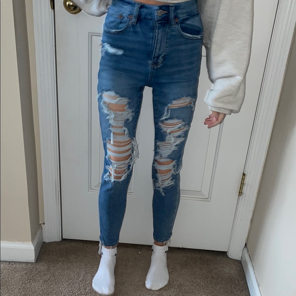 High-Waisted Distressed Blue Jeans
